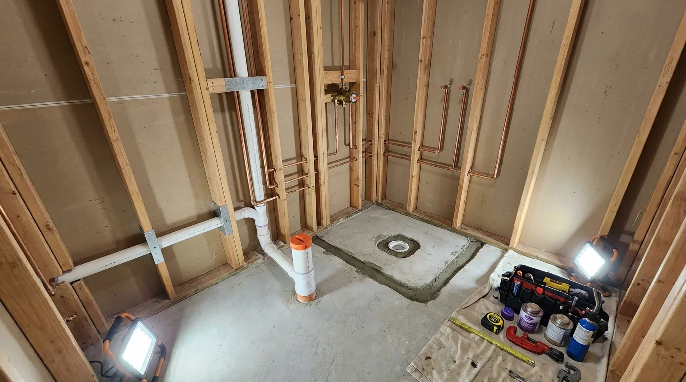 Bathroom rough-in plumbing during remodel by Johns Plumbing LLC in White Hall