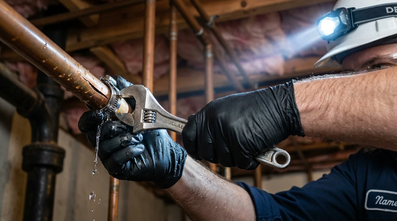 Emergency pipe clamp repair being performed by a Johns Plumbing LLC plumber in White Hall