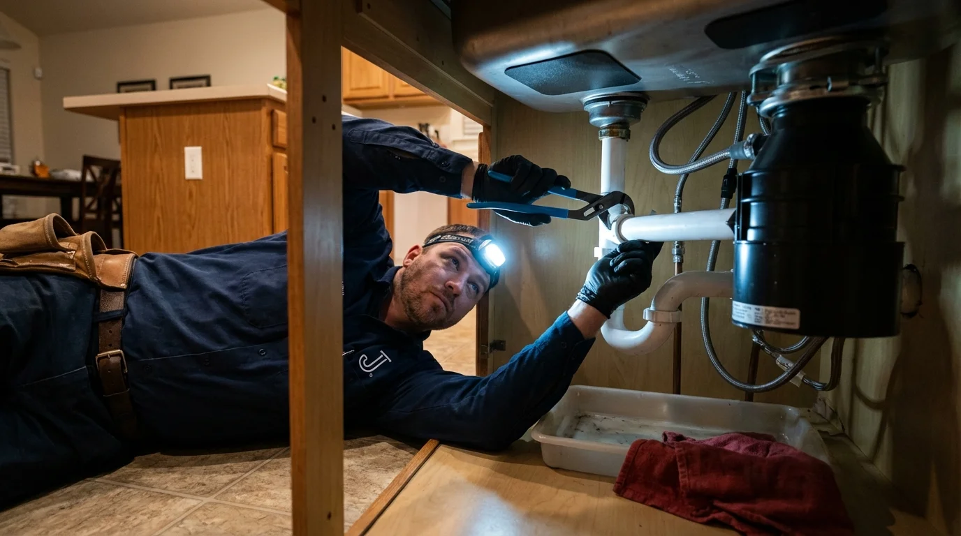 P-trap and supply line connections under a kitchen sink showing a common leak point in White Hall, AR